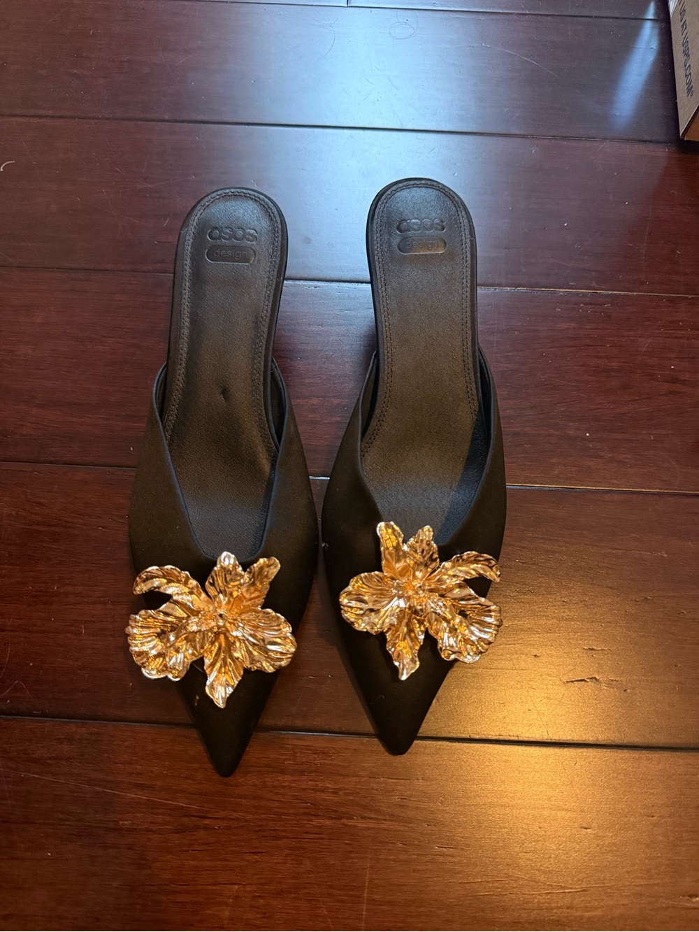 ASOS Black Pointed Toe Slip-On Mules with Gold Floral Accent